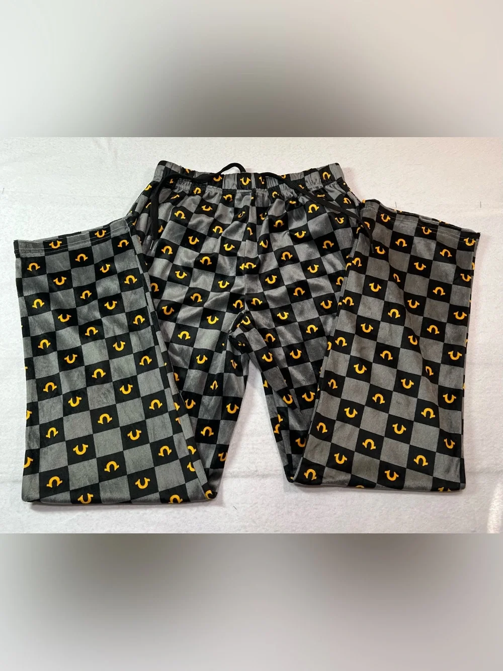 True Religion Men's Checkered Yellow Horseshoe Pajama Pants,Black/Gray, Small